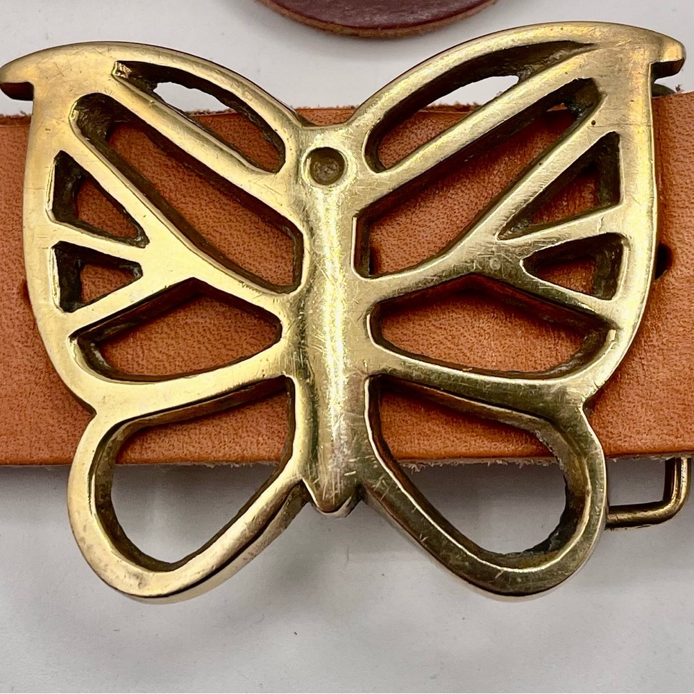 British Tan Belt with 1970s Gold Butterfly Buckle- solid brass. Handmade.